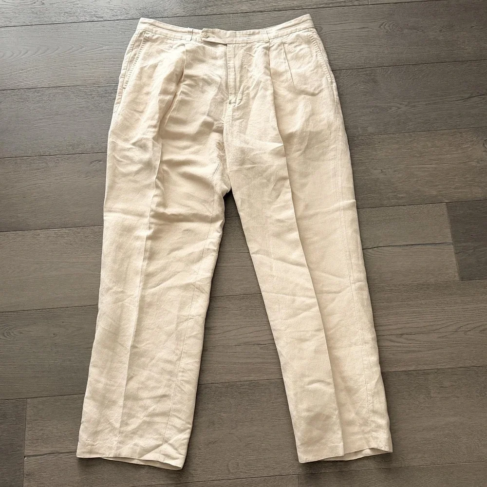 Tommy Bahama Dress Pants Mens 36x32 Beige Linen Silk Pleated Herringbone Summer